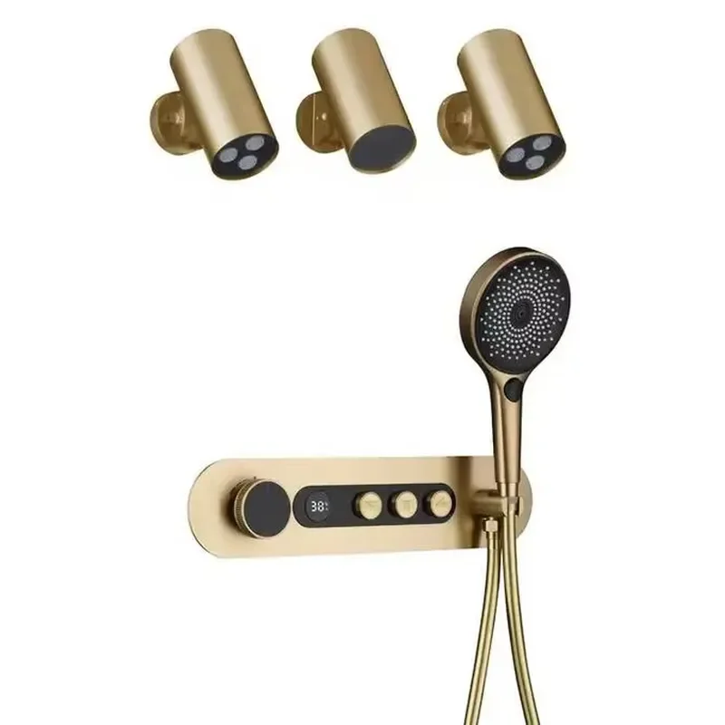 Brushed Gold 3 Ways Brass Thermostatic Digital Rainfall Waterfall Shower Bathroom Complete Bath Shower Faucet Set