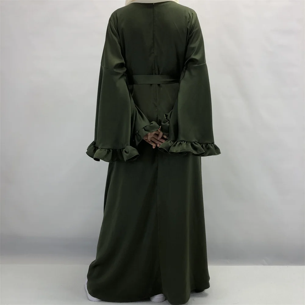 Abaya-Robe maxi fleurie pour femmes musulmanes, vêtements islamiques, manches à volants, fermeture éclair, manchette évasée, modeste, brillant, velours doux, satin grillé, Dubaï