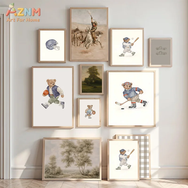 AZNM Watercolor Sports Teddy Bear Wall Art Canvas Print, Vintage Boy Nursery Decor Frameless Poster for Kids Room Playroom