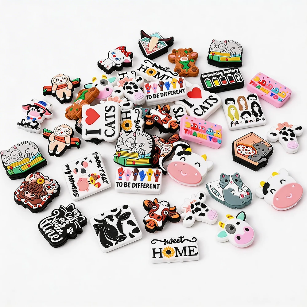 

5Pcs Random Mixed Styles Animal Silicone Beads Cow Cat Focus Teether Beads For Pacifier Chain Clips Dummy Holder Jewelry Making