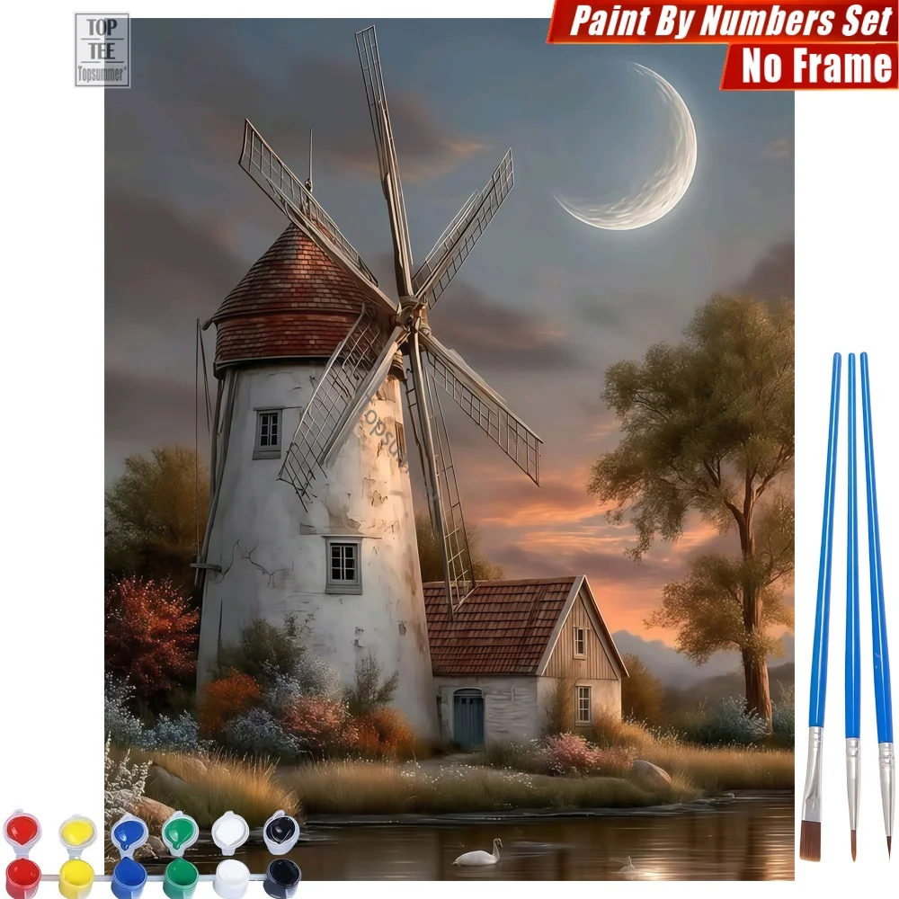 

Serene Windmill Swans DIY Painting By Number Kit - Windmill Lake Swans Family Activities Valentine's Day Gift For Mom