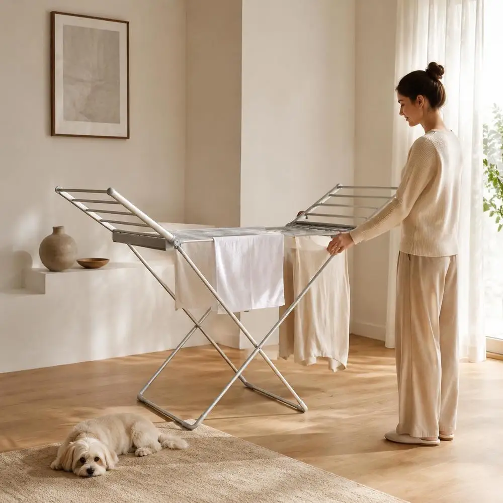 Wäschetrockner Elektrischer Wäscheständer mit 2 ausziehbaren Seitenflügeln, Rahmen aus Aluminiumlegierung, 144 x 53 x 91 cm. Geeignet für Schlafzimmer, Balkon, Hof, Badezimmer und alle Innen- und