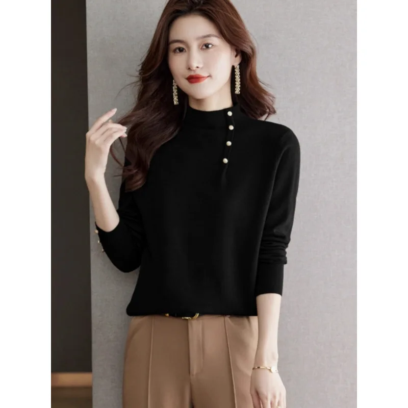 

Long Sleeve Polyester Fiber Pure Color Commute Style Elegant Women's Knitted Sweater High Neck Slim Fit Base Shirt Inner Wear