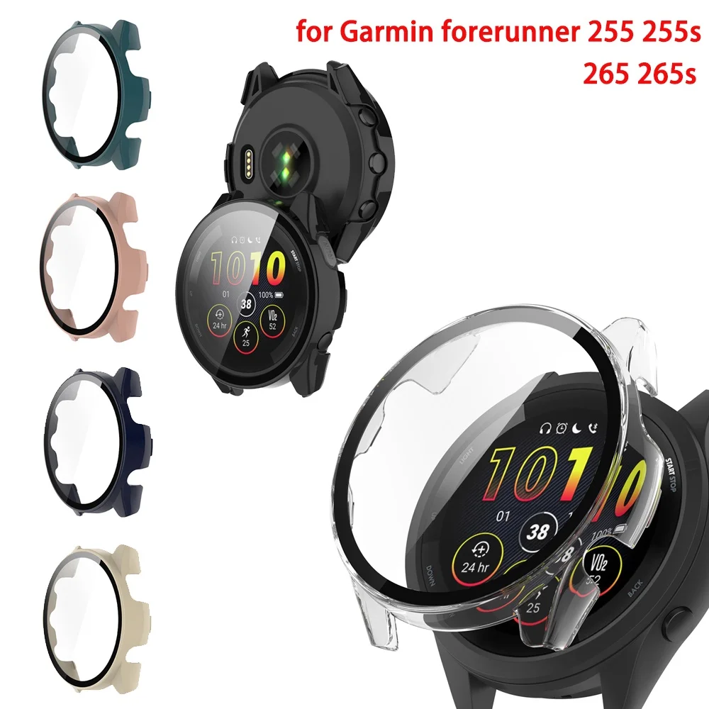 For Garmin Forerunner 255 255s 265 265s Music Hard PC Frame Bumper Cover Case + HD Slim Tempered Glass Anti-scratch