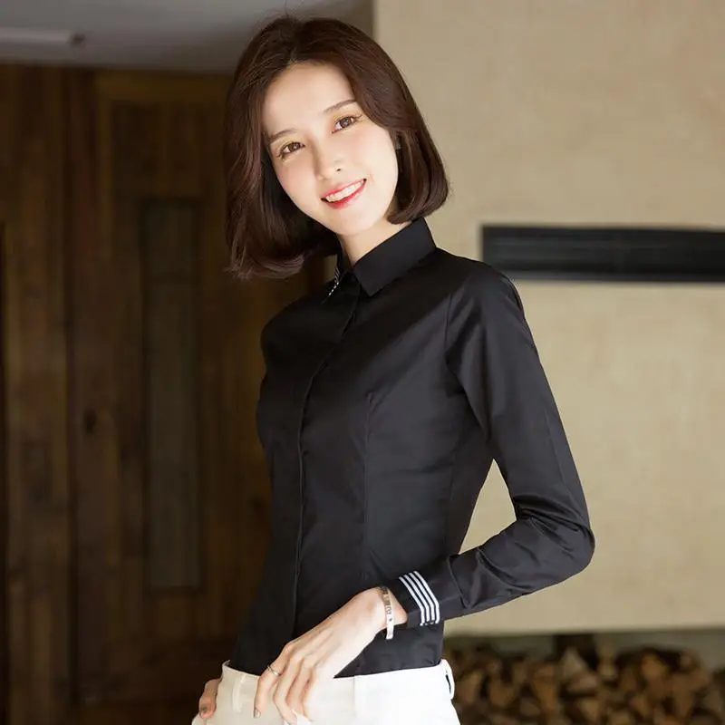 Moda feminina preto branco listrado negócios casual camisa senhora do escritório elegante chique commute blusa manga longa magro todos os jogos topos