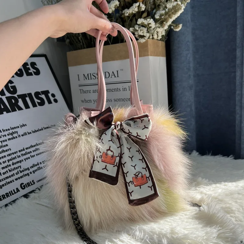 Women\'s Winter Fox Fur Bucket Bag Silk Scarf Strap Drawstring Bag Female Large Capacity Shopping Bag Fashion Shoulder Bags