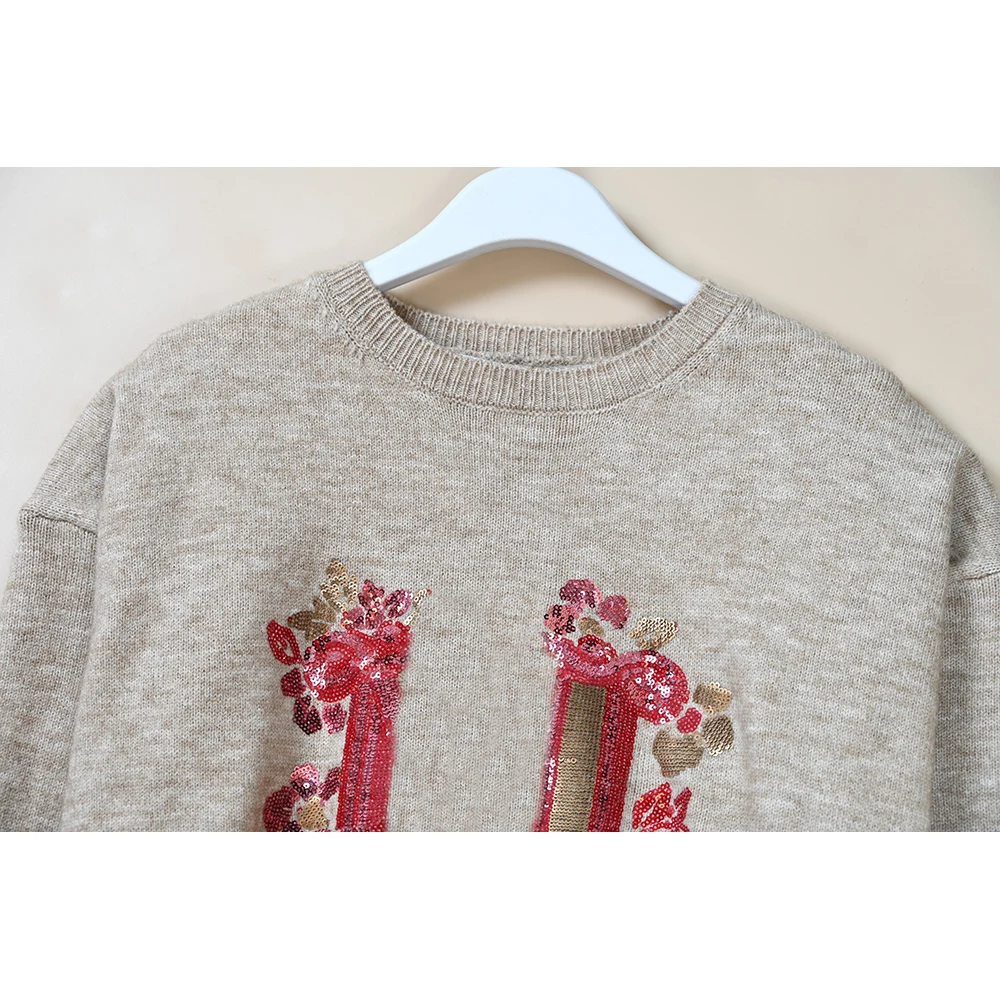 Sweter damski z wełny, dziergany, z cekinami, z okrągłym dekoltem, luźny krój, casualowy, wygodny, nowy model na wiosnę...