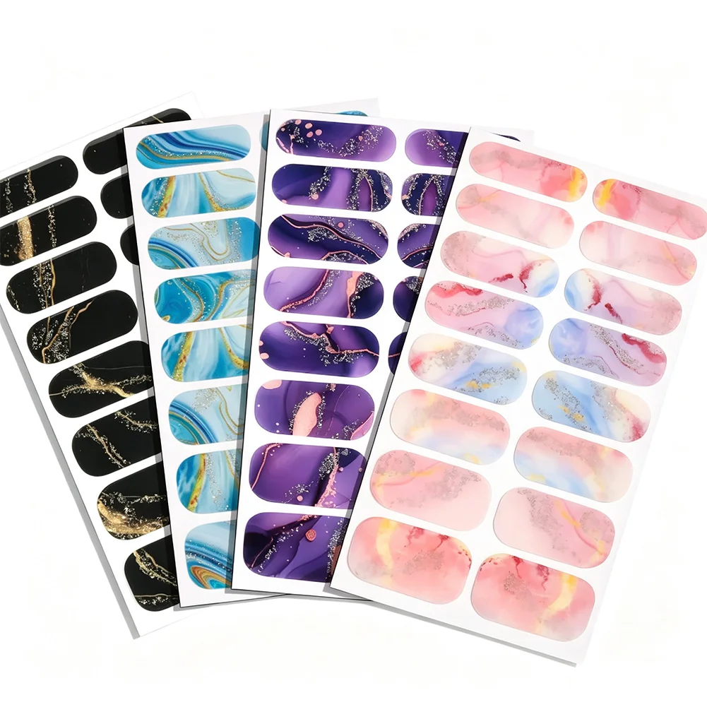 16Tips Full Cover Nail Stickers Gradient Marble Nail Polish Strips Long-Lasting Self Adhesive Nail Art DIY Manicure Decoration