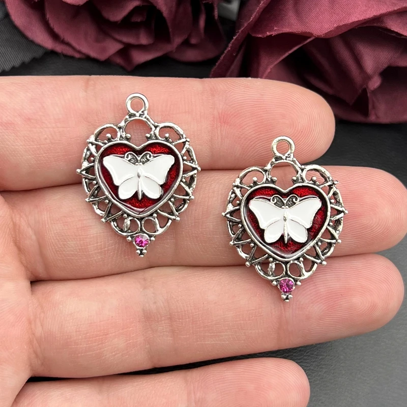 5pcs 33*25mm Silver Plated Enamel Openwork Heart Butterfly Pendant, Heart Charm, Insect Charm Personalised Jewellery Accessories