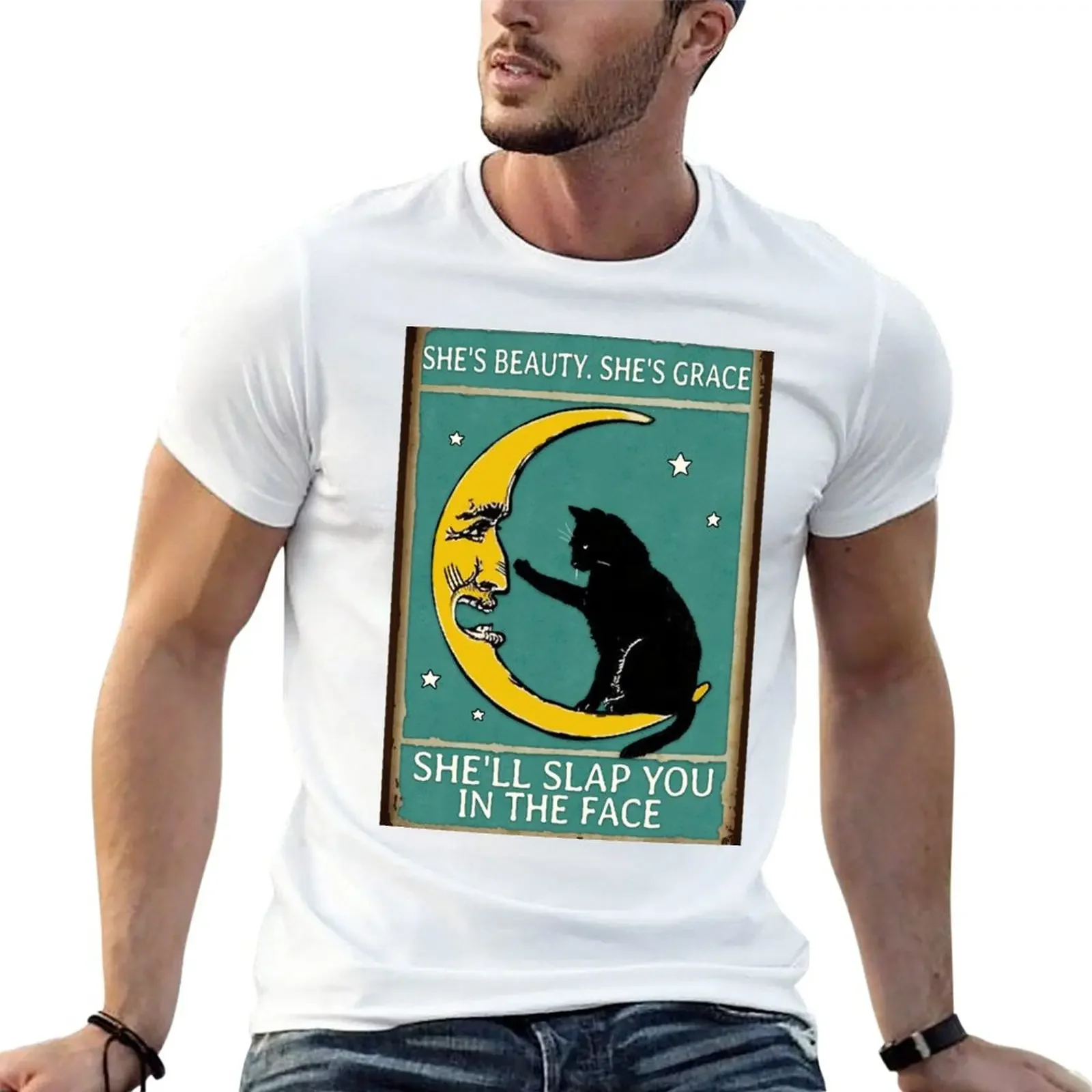 

Black Cat Funny Moon She's Beauty She's Grace T-Shirt summer clothes shirts graphic tees clothes for men