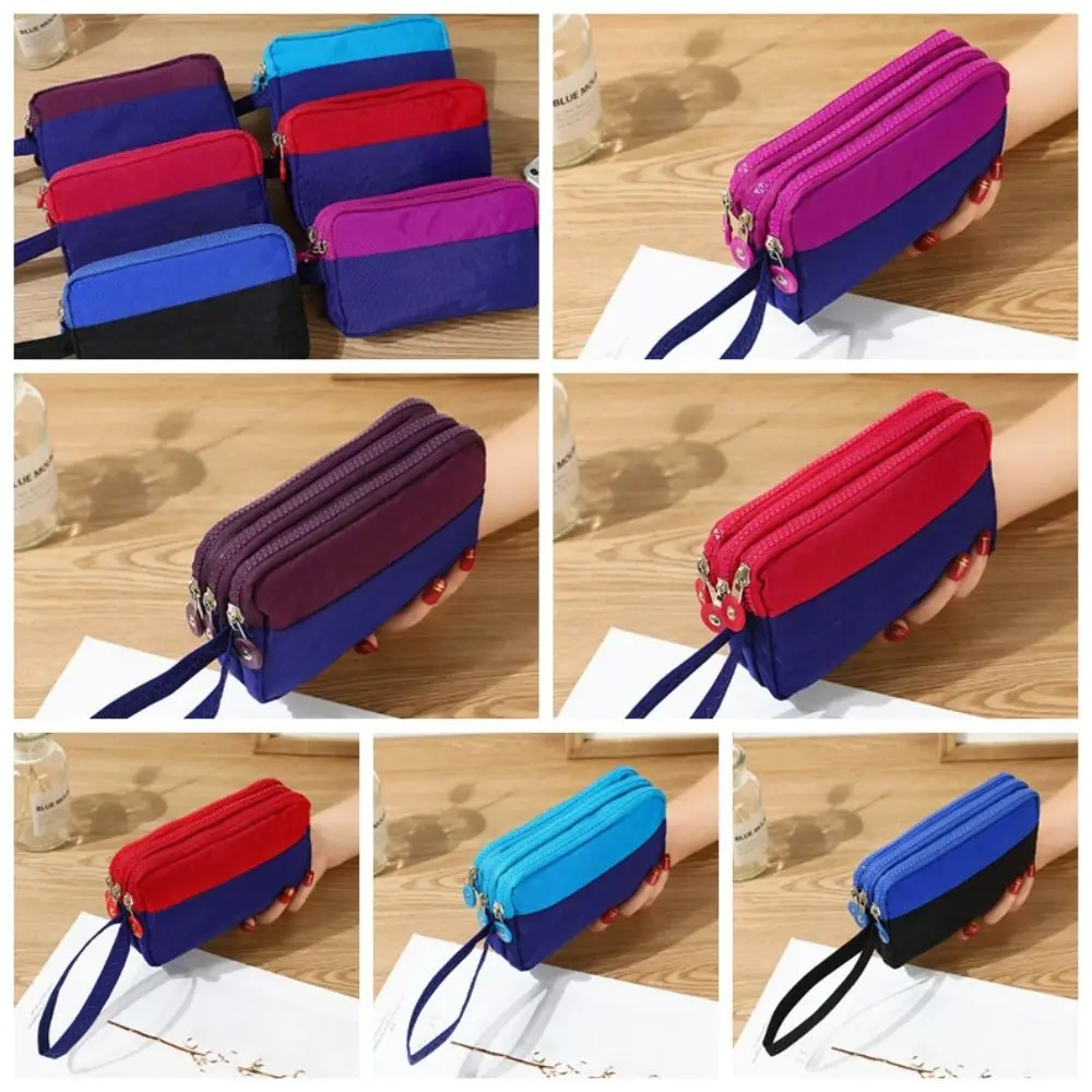 Nylon Three Layer Coin Purse With Lanyard Waterproof Contrasting Colors Wrist Bag Large Capacity Card Holder Simple Hand Bag