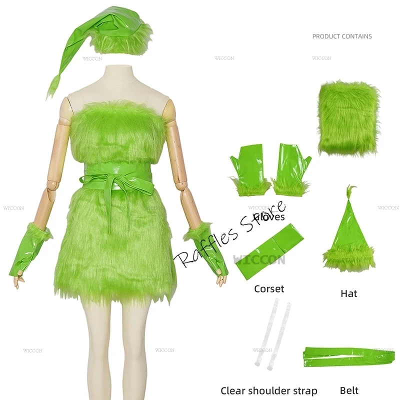 Elf Cute Halloween Green Hair Furry Monster Costume Dress Roleplay Women Clothing Party Fairytale Stage Grinc Cosplay Clothes