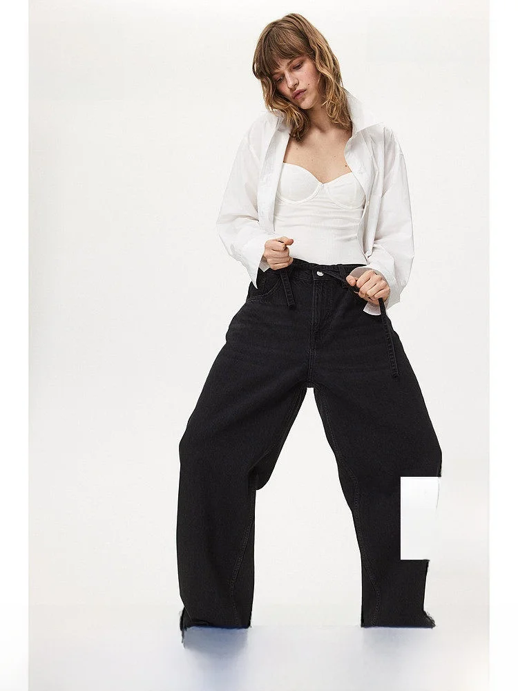 

Low Waist Straight Leg Jeans Women's Casual Loose Fit Ankle Length Design Simple Long Pants H&M 1229034 Cotton Rayon Blend