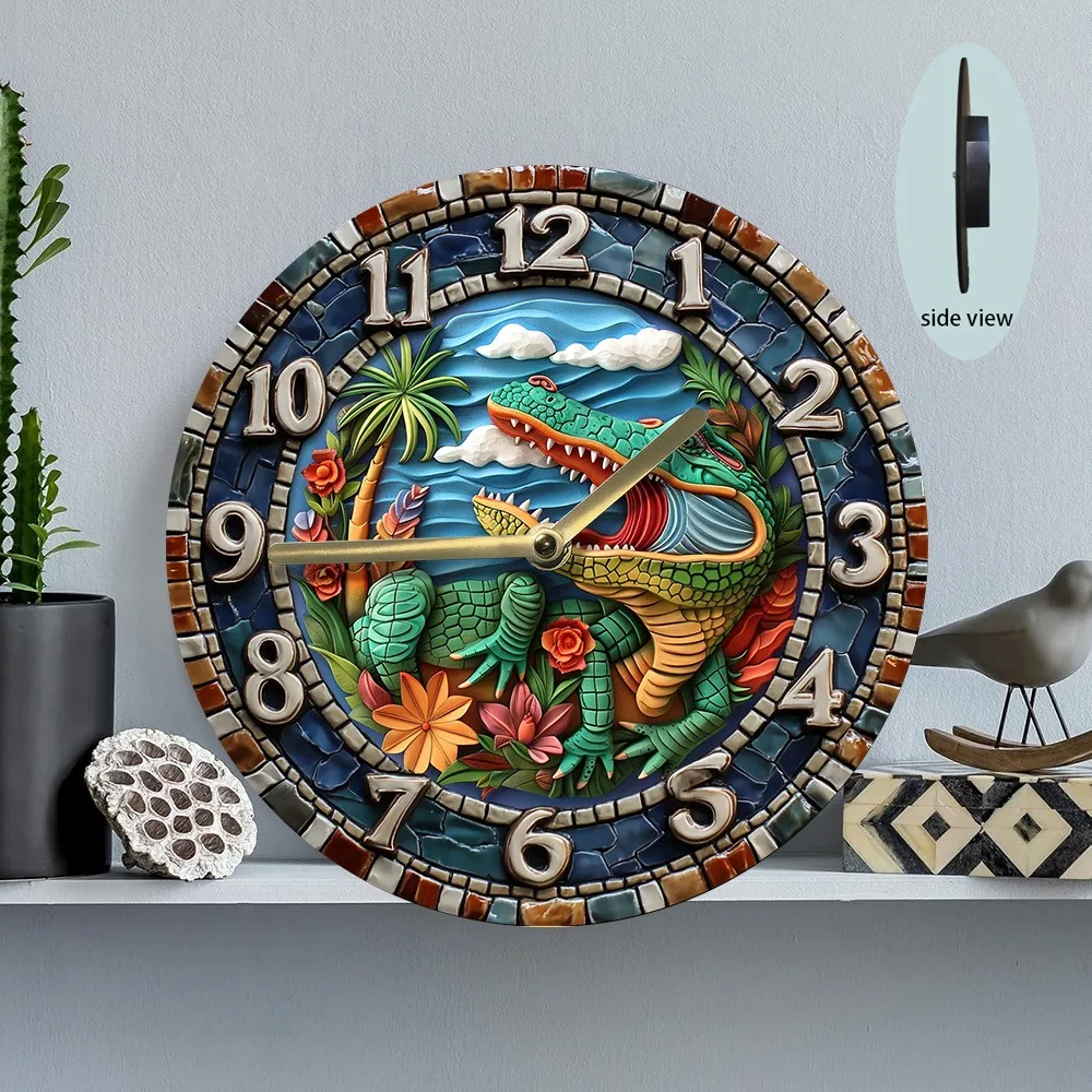 

1pc 2D Flat Wall Clock with Quiet Quartz Movement - Gator Design (Alligator-Themed) Large Easy-to-Read Hands & Face, Battery-Pow