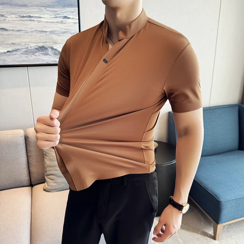 Men's High Elastic V-neck Polo Shirt, Thin Short-sleeve T-shirt, Business Casual Men's Top, 2024 High Quality, M-4XL.