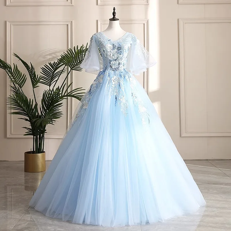 

DSP Elegant A Line V Neck Tulle Prom Dress with Appliques Women's Half Sleeves Formal Dress Evening Party Dress Robe De Soiree