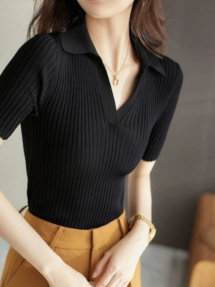 Polo Neck Shirt for Women Knitted Plain Woman T Korean Clothing Casual Tops Short Sleeve Tee Youth Basic Summer 2024 Aesthetic