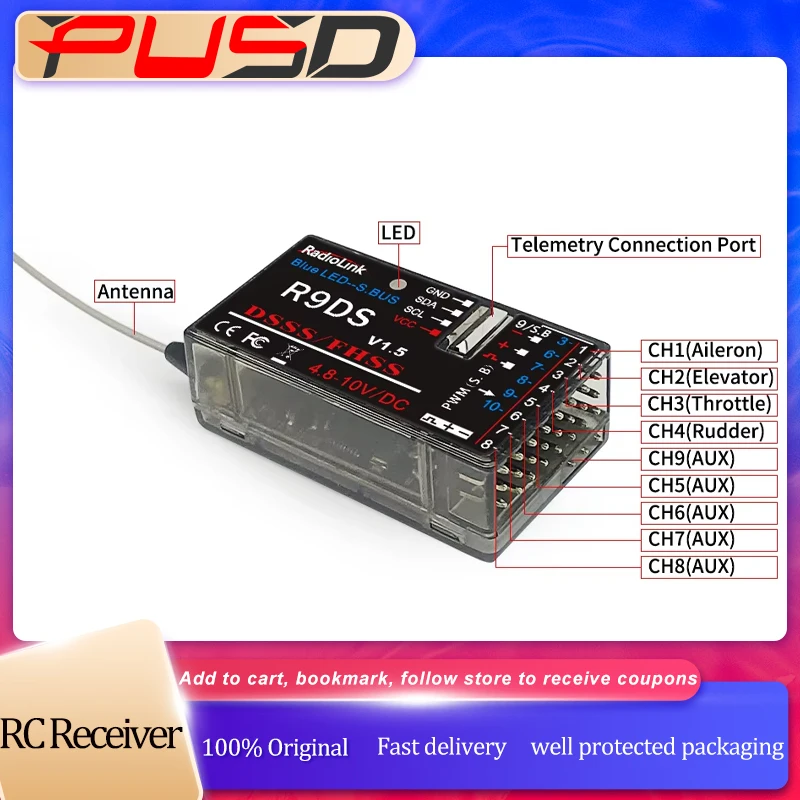 Ricevitore RC originale Radiolink R12DSM R12DS R9DS R6DSM R6DS 2.4GHZ Funziona con trasmettitore AT9/AT9S/AT9S Pro/AT10/AT10 II