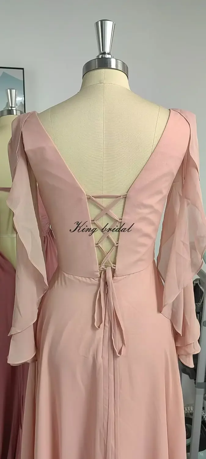 Abito da ballo plissettato con scollo a V, abito da sera formale, abiti per invitati al matrimonio, semplici abiti da damigella d'onore per le donne con maniche fredde