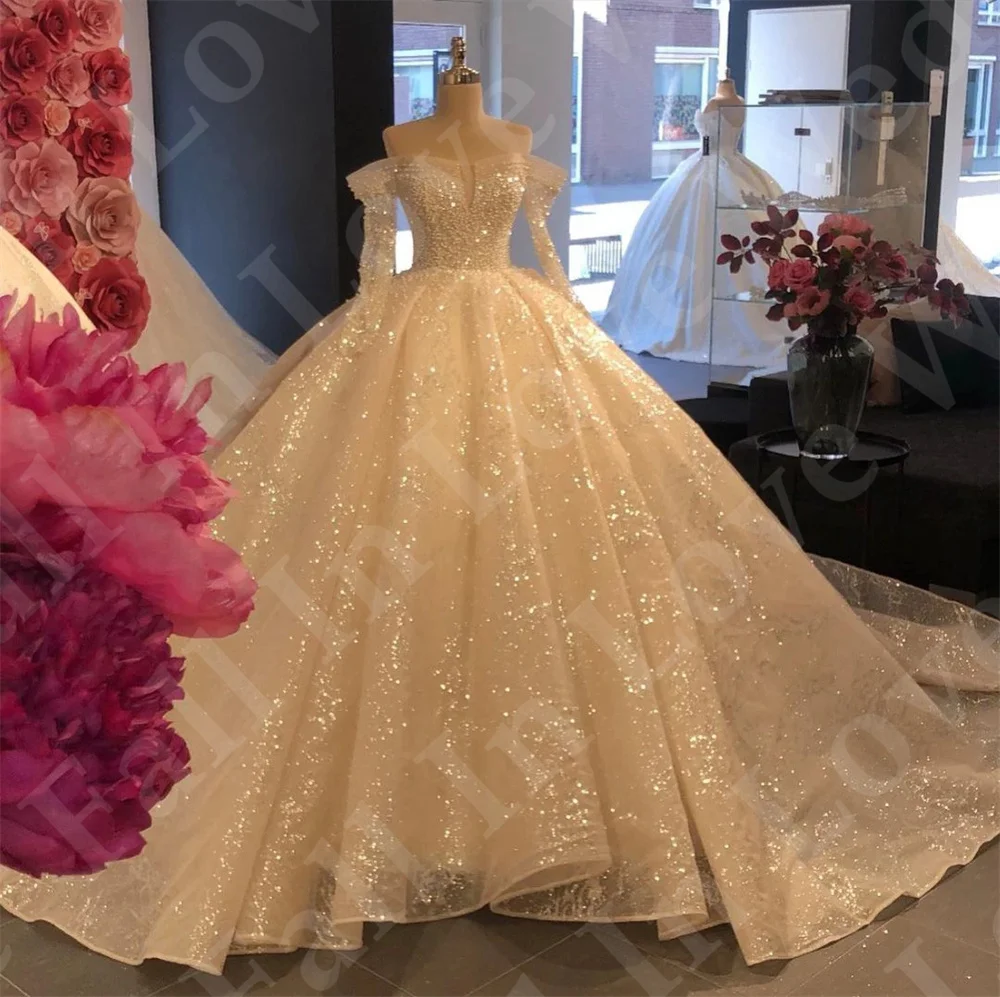 Glitzer Pailletten Luxus Brautkleider lange Ärmel aus der Schulter Ballkleid Perle Tüll A-Linie Brautkleid Vestido de Novia