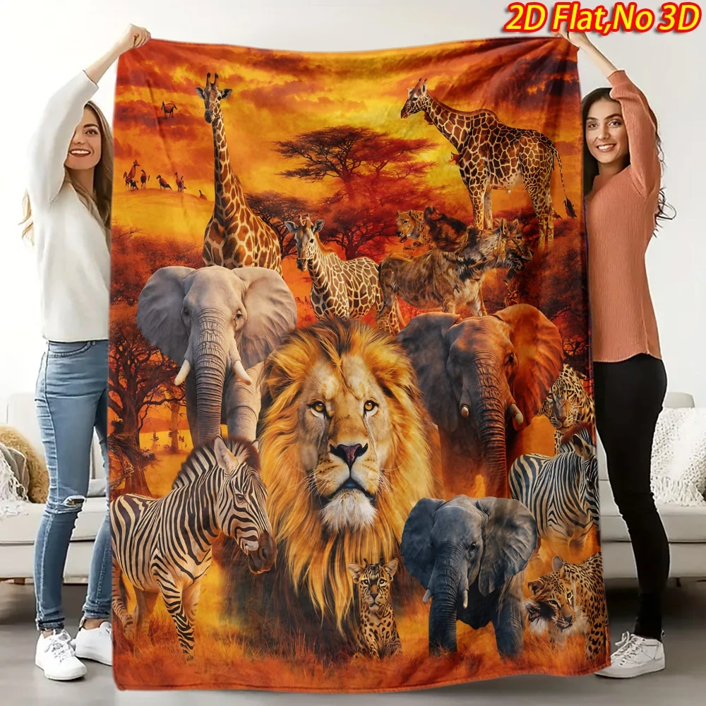 Orange Sunset Savannah Background Lion Elephant Giraffe Zebra Safari Animal Full Print Fluffy Blanket Warm Couch Cover Gift