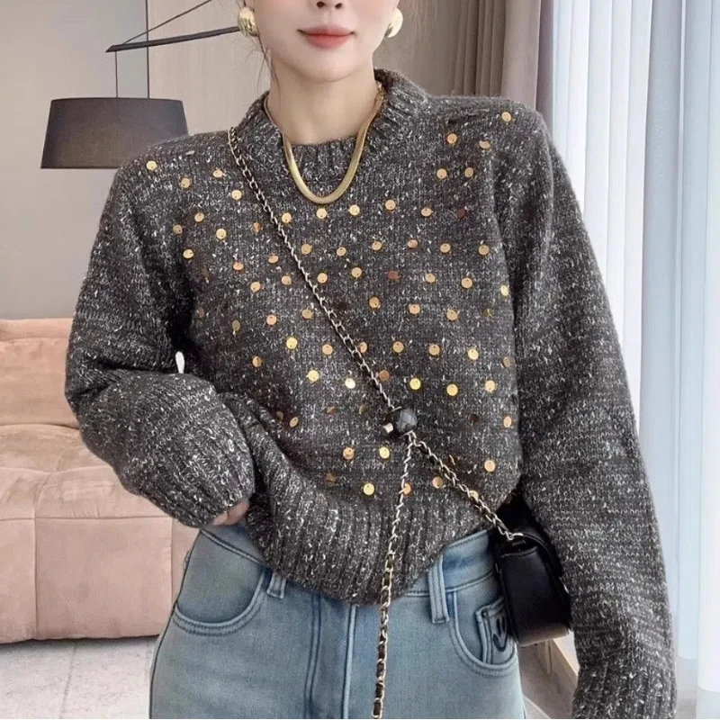 

Универсальная женская одежда с длинными рукавами, осенне-зимний пуловер с круглым вырезом и резьбой, расшитый блестками, свитер, вязаные офисные женские топы