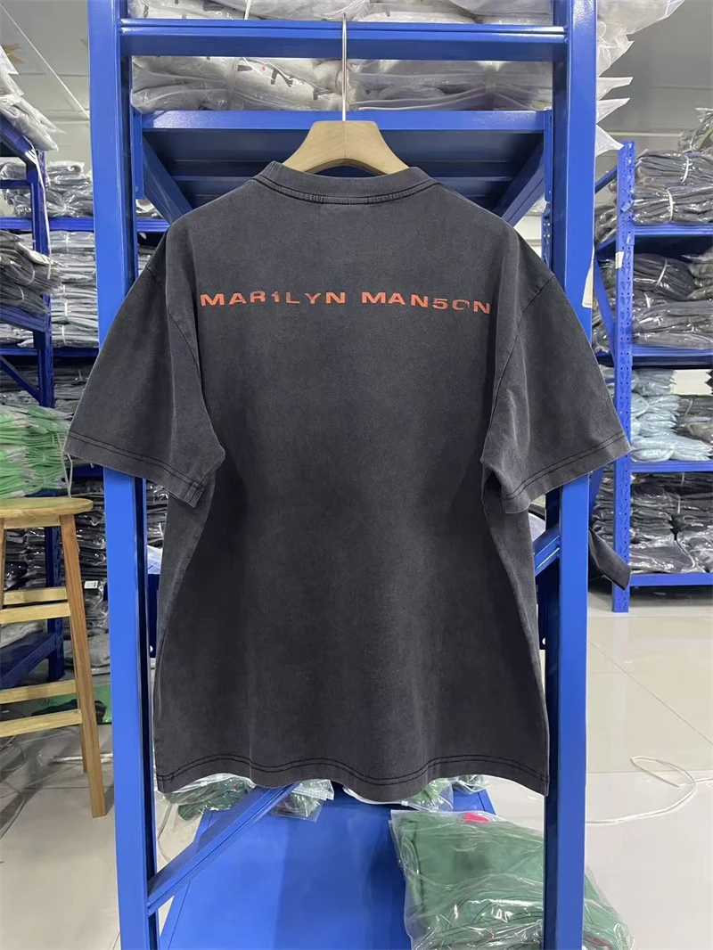 New Summer Manson Rock Pattern Print Vintage High Street Casual Loose Cotton Washed Short Sleeve Trendy Hip Hop T-shirt