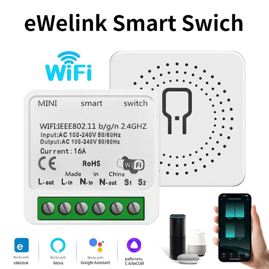 16A Mini WiFi Smart Switch DIY Breaker Relay Light Switch Timer Function EWeLink App Works with Alexa Google Assistant