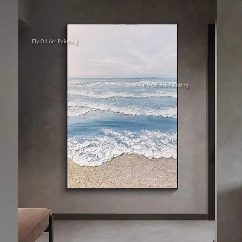 Light Blue White Seaside View Canvas Artwork Large Hand Made Brown Beaches Landscape Oil Painting Original Design Wall Decor