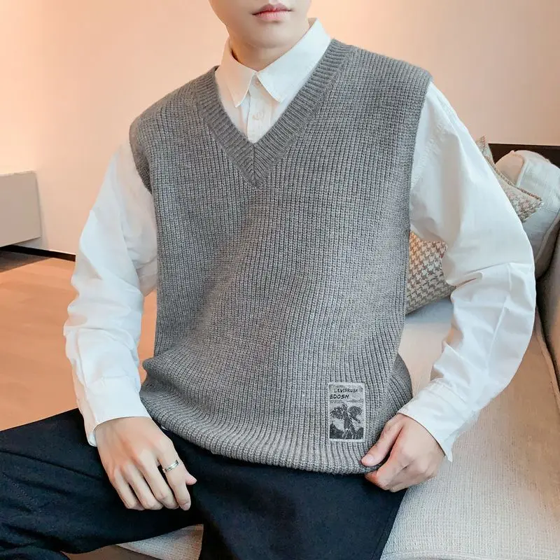 

Мужской свободный шерстяной свитер с v-образным вырезом, жилет, японский модный трикотаж без рукавов в академическом стиле, повседневная верхняя одежда, универсальная