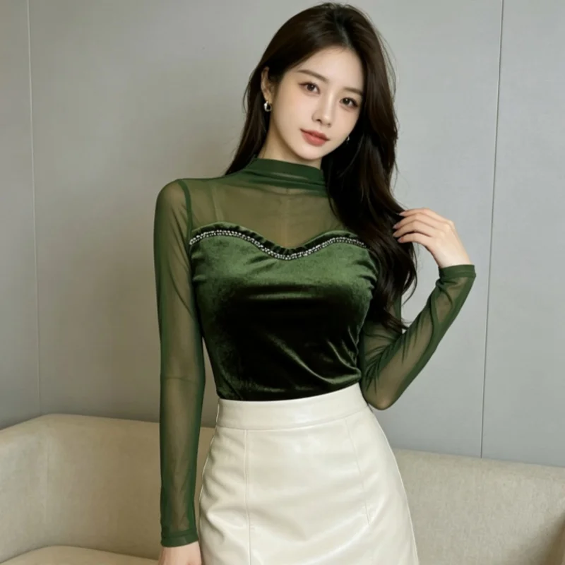 Autumn New Fashion Mesh Splicing Tops For Women High-End Beaded Slim Fit Long Sleeved T-shirt High Quality Velvet Shirt