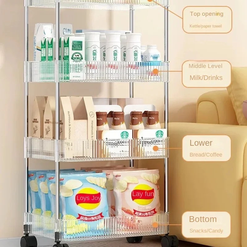 Transparent Storage Rack Movable Snack Cart Acrylic Bedroom Shelf Multi Layer Cosmetic Bathroom Bookshelf Utility