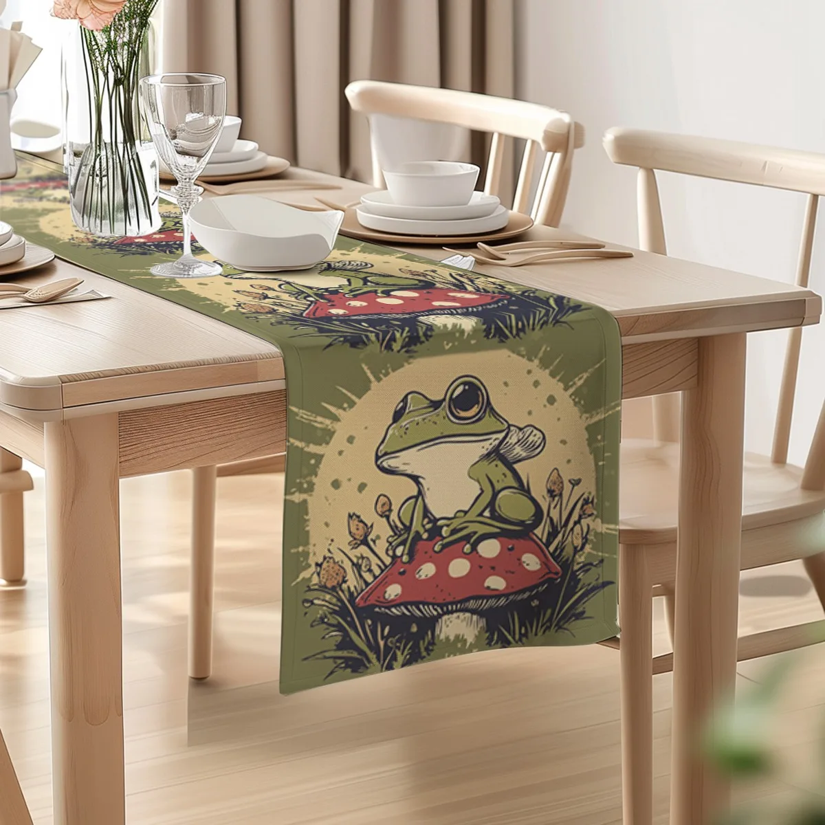 decor table runner Spring Frog Mushroom Retro Table Flag for wedding,Restaurant,Holiday Gathering New Year,Birthdays