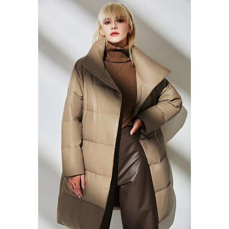 

2024 New Genuine Leather Down Winter Mid length Stand up Neck Loose Genuine Leather Sheepskin Korean Fashion Coat