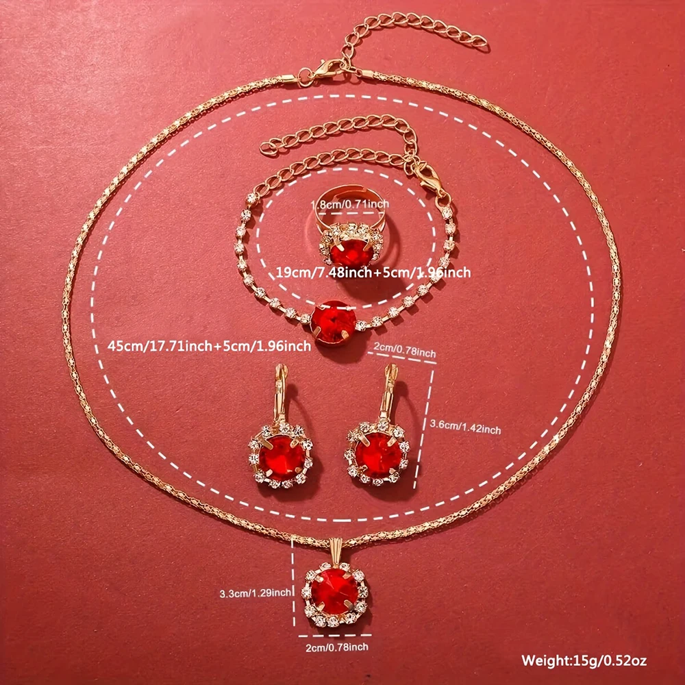 6PCS/Set Women's Red Alloy Watch Strap Fashionable Rhinestone Quartz Watch Necklace Earrings Jewelry Set