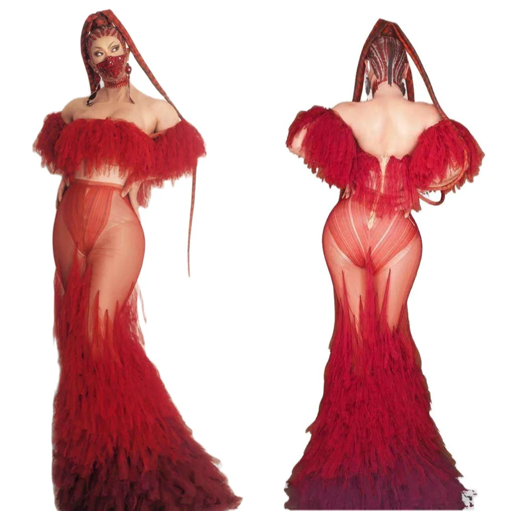 Vestido largo de sirena transparente con plumas rojas para mujer, traje Sexy elástico de malla para fiesta de cumpleaños, disfraz de cantante para actuaciones