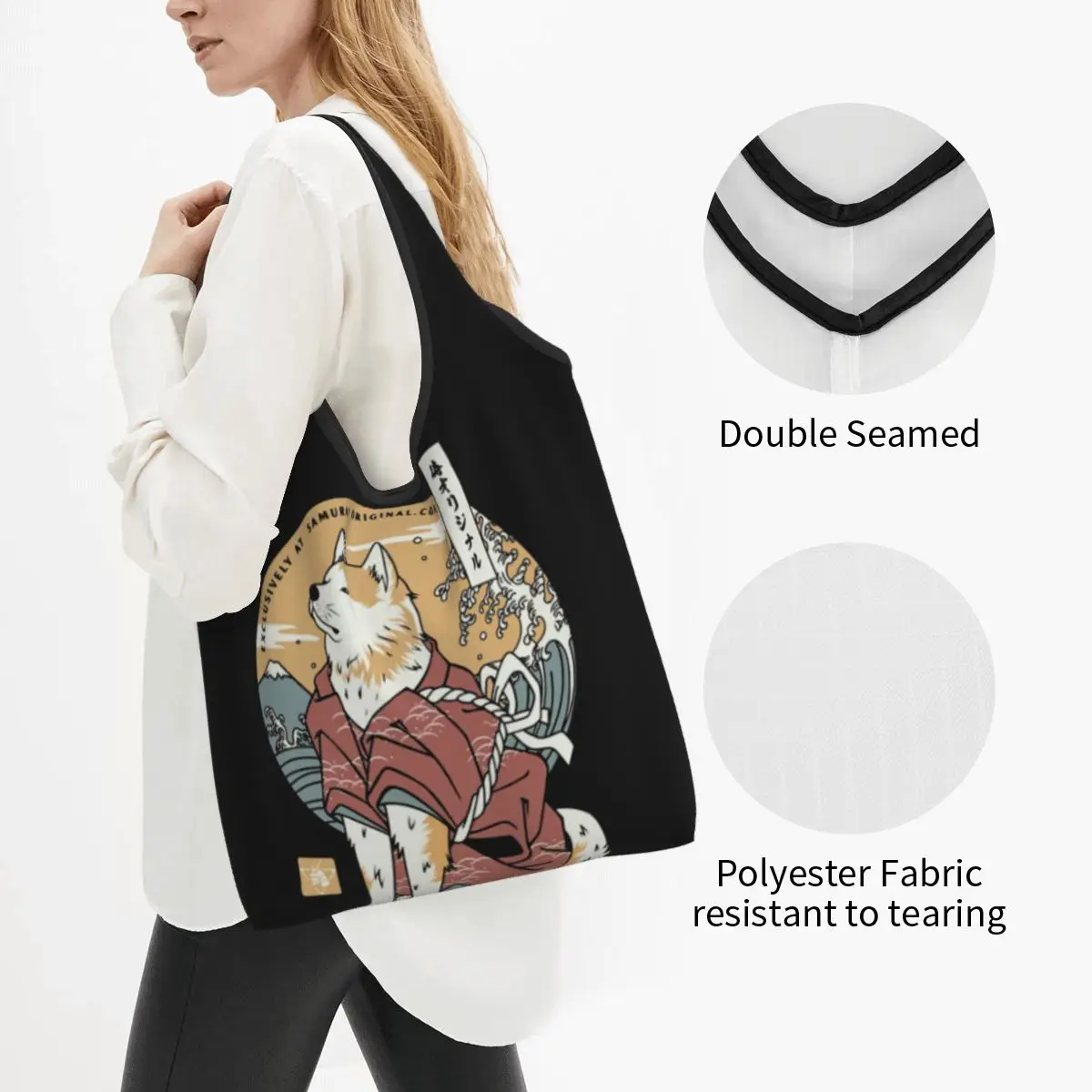 Custom Cute Printing Akita Dog Samurai Warrior Shopping Tote Bags Portable Shopper Shoulder Japanese Cartoon Animal Handbag