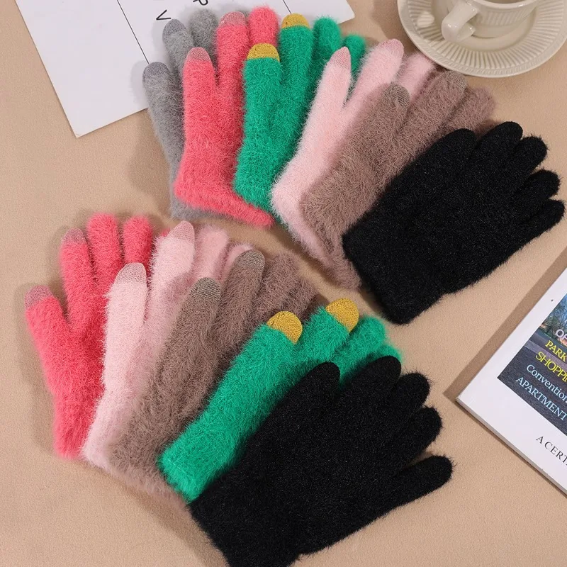 Winter Keep Warm Plus Cashmere Touchscreen Women Solid Elasticity Soft Full Fingers Mittens Gloves Imitation Rabbit Fur Knitted