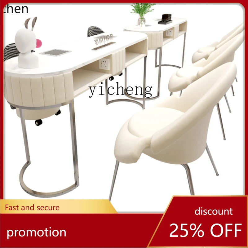 

YFY Cream Style Stainless Steel Nail Table and Chair Set Embedded New Vacuum Cleaner Non-Leaking Gray Nail Table