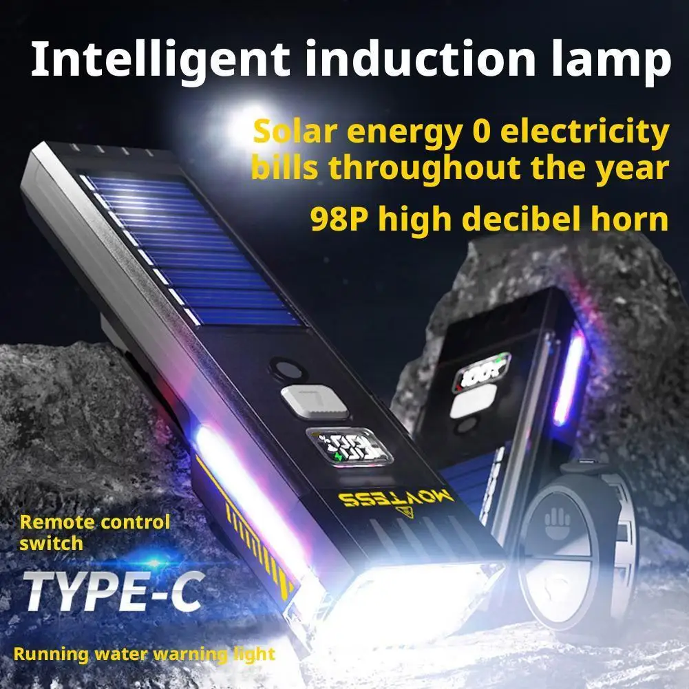 Solar Bicycle Light with Horn Smart Sensing Type-c Rechargeable Power Display MTB Bike Front Lamp Headlight Cycling Accessories