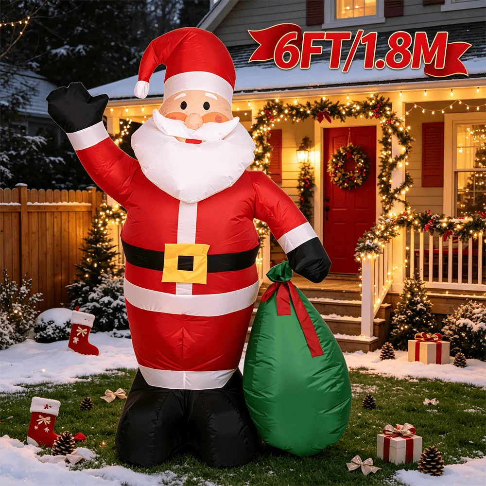 6FT Inflatable Toy Waving Santa Claus with Green Gift Sack Build-in LED Light Blow Up Outdoor Christmas Holiday Yard Decor