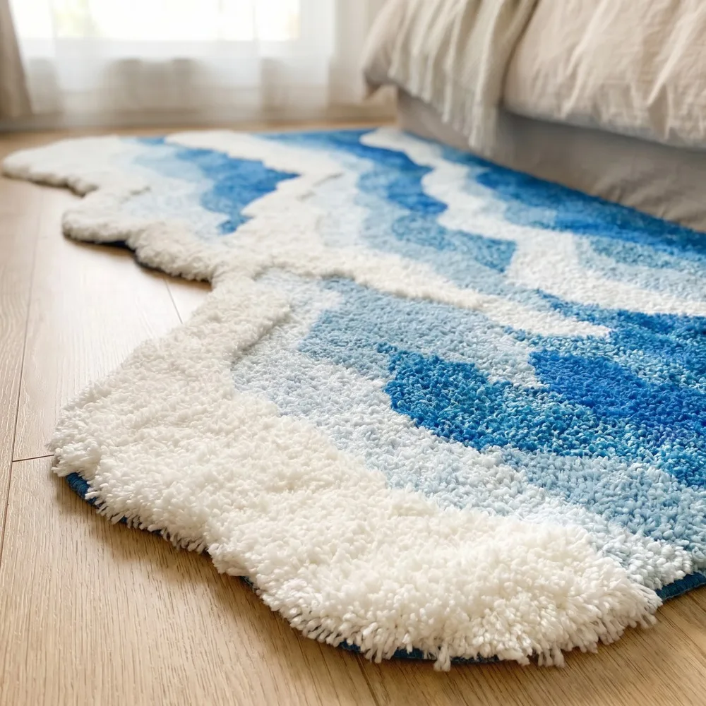 Creative Wave Rug High-Quality Flocking Antislip Carpet for Bathroom Ocean Tufted Carpet Fluffy Thickening Bedroom Bedside Rug