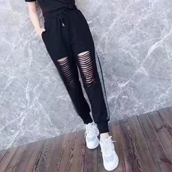 Home Women's Summer Sweat Sports Pants Fashion Casual Ice Silk Sweatpants Black Ripped Harem Sarouel Female Cropped Trousers Hot