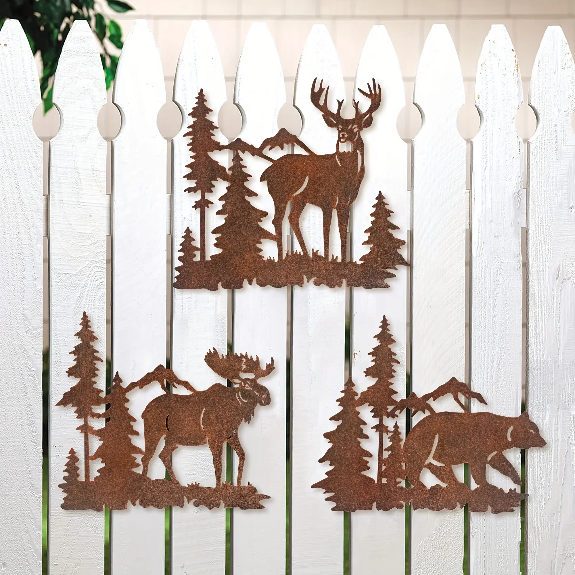 metal iron , Metal Wall Hanging Art Decor Deer Bear Moose in The Forest Pine Tree Set of 3 Rustic Concise Decoration Wall Mounte