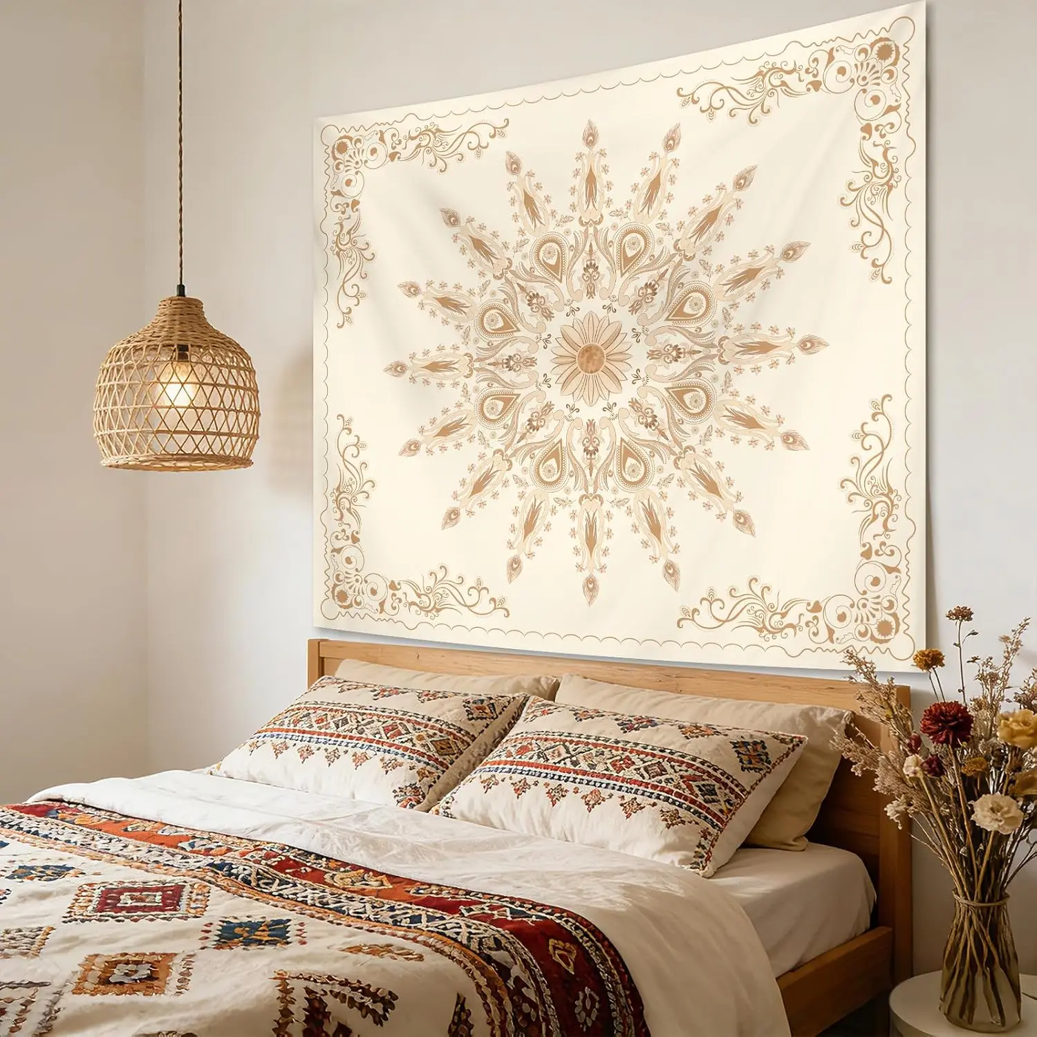 Large Bohemian Moroccan Mandala Tapestry Wall Hanging Boho Bedroom Decor Golden Beige Polyester Art Print Fabric Wall Decoration