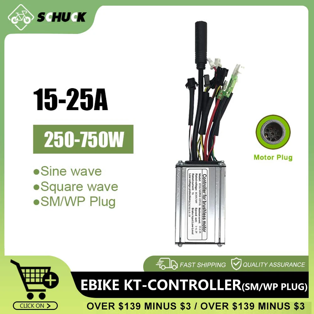 24V/36V/48V 250W-750W KT Ebike Controller with SM Connector+WP Motor Plug for Electric Bicycle 15A 17A 20A 22A Control System