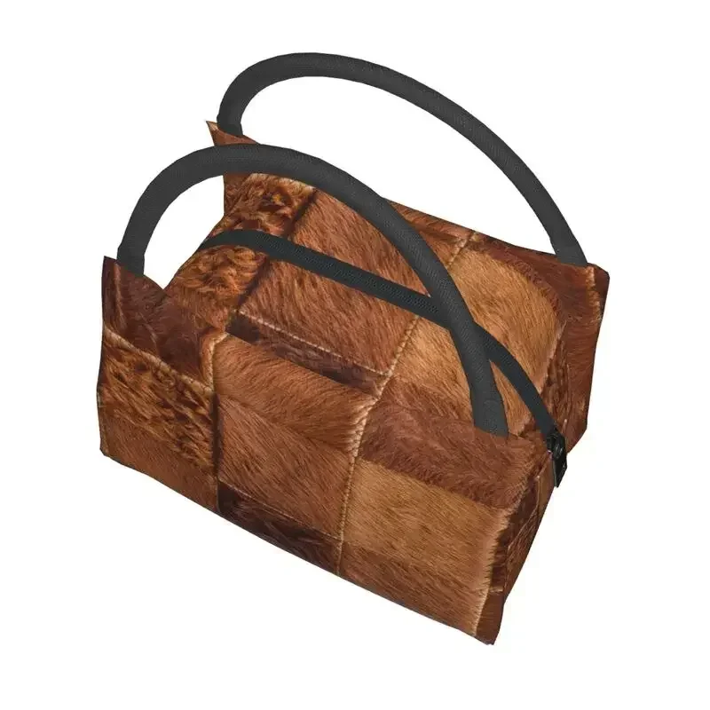 Custom 3D Printing Brown Checkered Cowhide Patche Lunch Bag Women Cooler Thermal Insulated Lunch Boxes for Office Travel