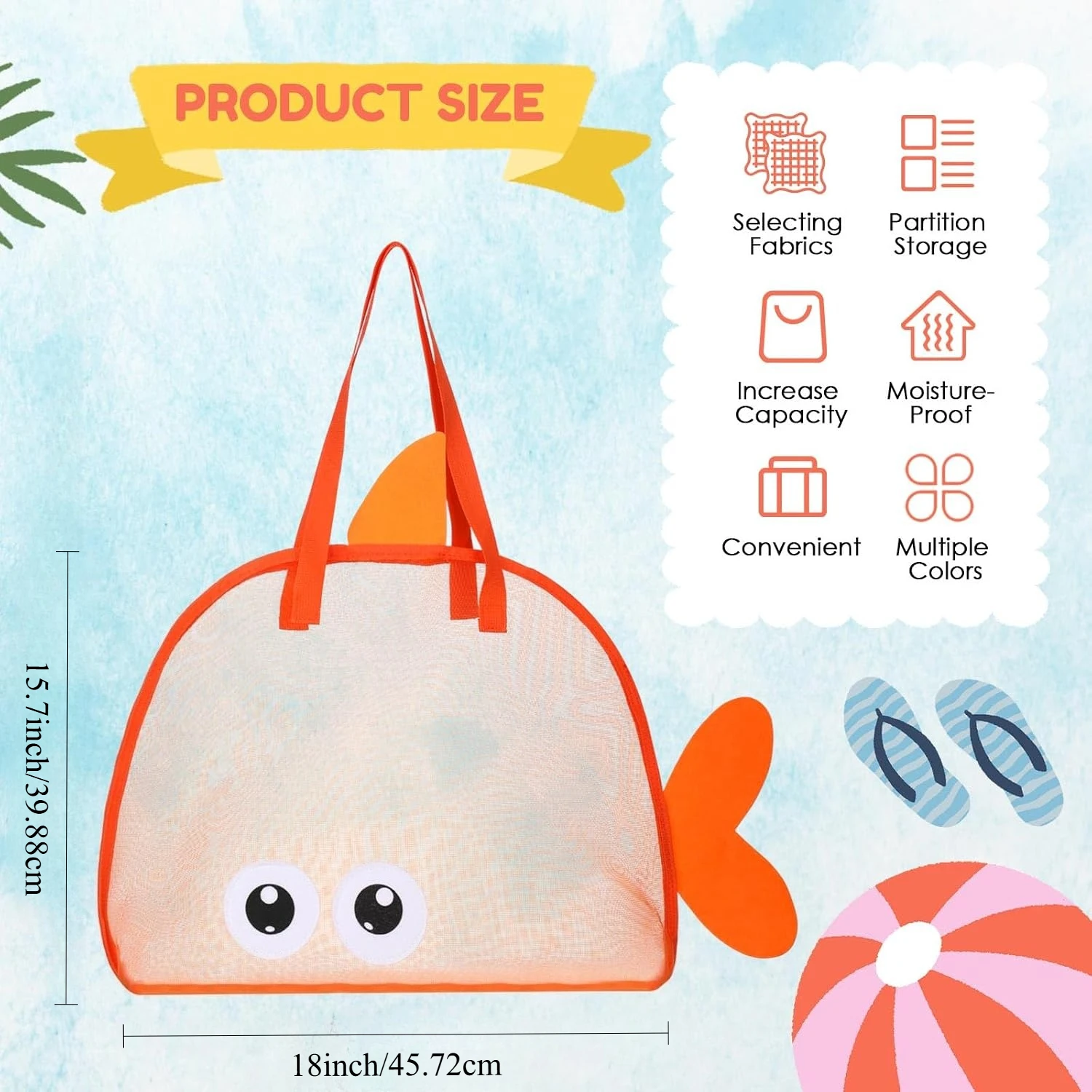 3 Pcs Fish Shaped Mesh Bag for Beach Toys Shell Collecting Bags Sand Toys for Beach Tools Kids Picking up Shells, 3 Colors