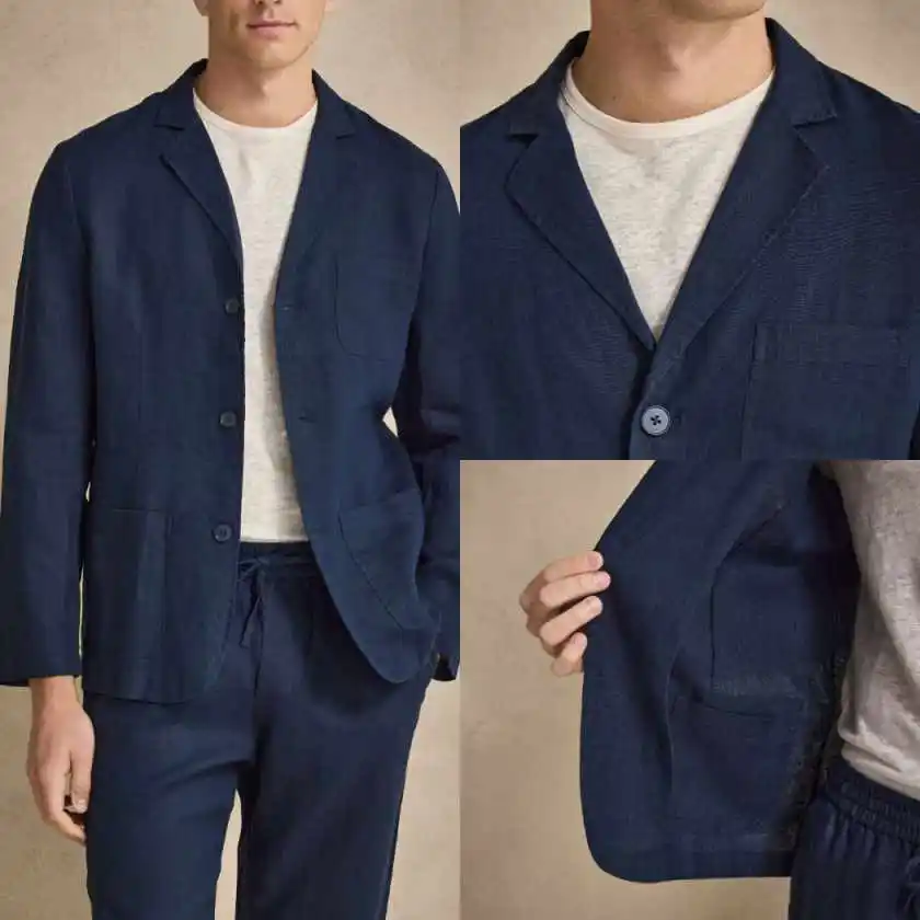 Stylish Linen Men's Blazer 2-Piece Set Single-Breasted Relaxed-Fit Drawstring Trousers Casual Office Daily Wear Customized