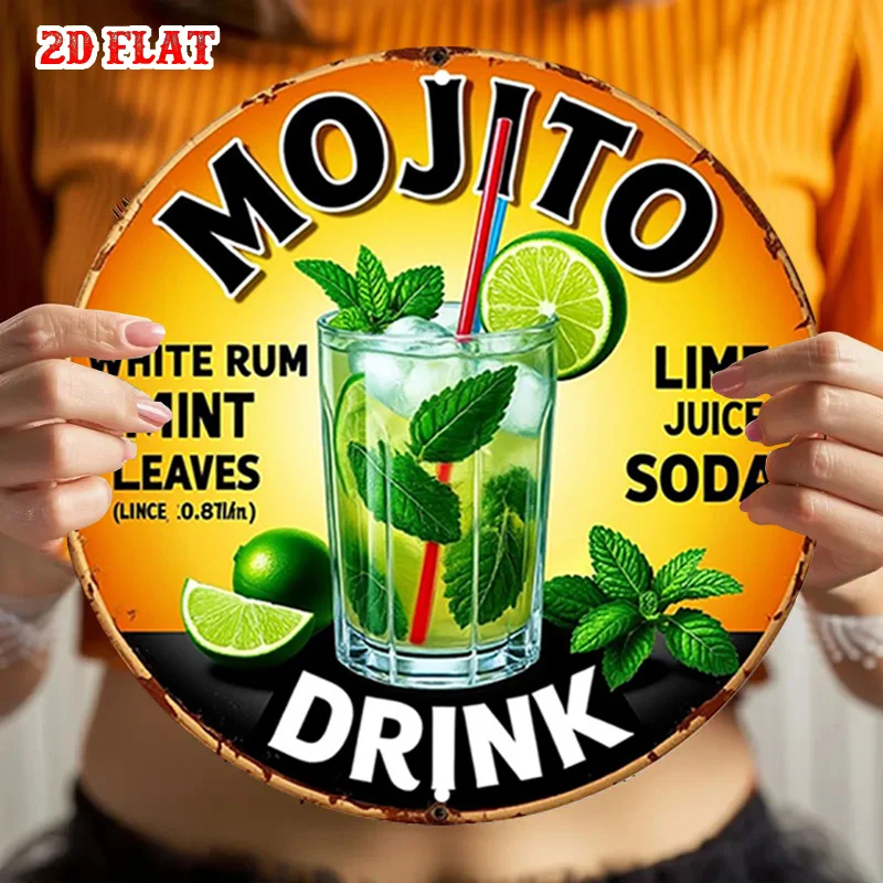 2D Flat Circular Aluminum Sign Features a Mojito Adorned with Mint Leaves And Lime Juice. This Rustic-Style Metal Wall Art